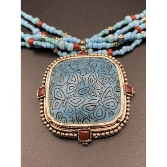 Monet Necklace Turquoise Color Multi Strand Butterfly Silver Tone Pendant 16+2" - Picture 5 of 7